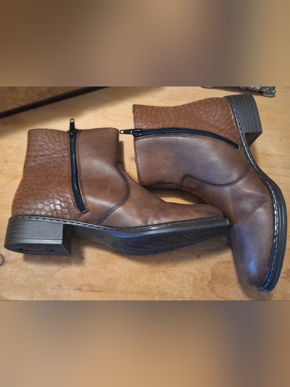 RIEKER Brown Leather Zip Ankle Boots